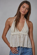 COTTON EYELET HALTER PLUNGE TOP