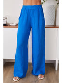 LINEN FLAT FRONT ELASTIC WAIST WIDE LEG PANT