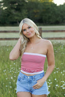 NikiBiki Modal Striped Tube Top in red and white styled with denim shorts